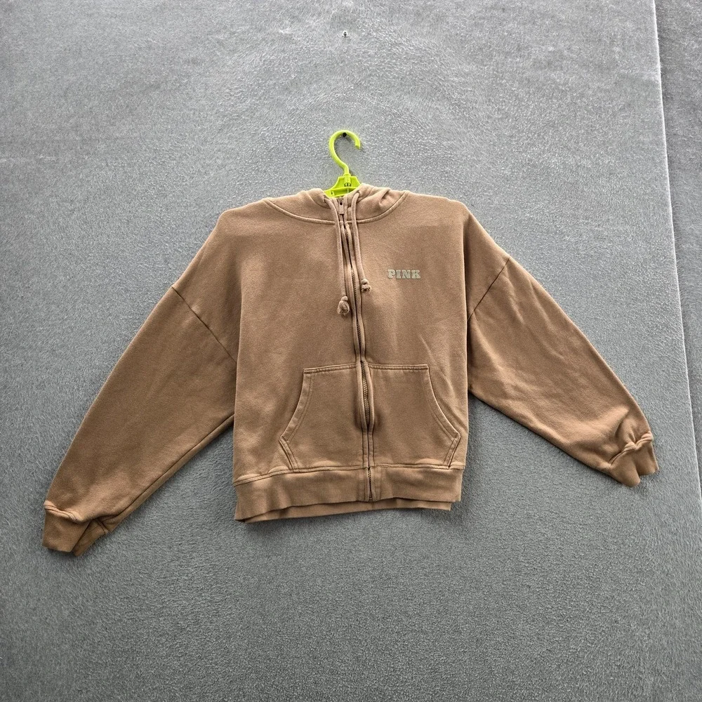 PINK Victoria's Secret Women Hoodie‎ L Brown Fleece Logo Campus Zipper